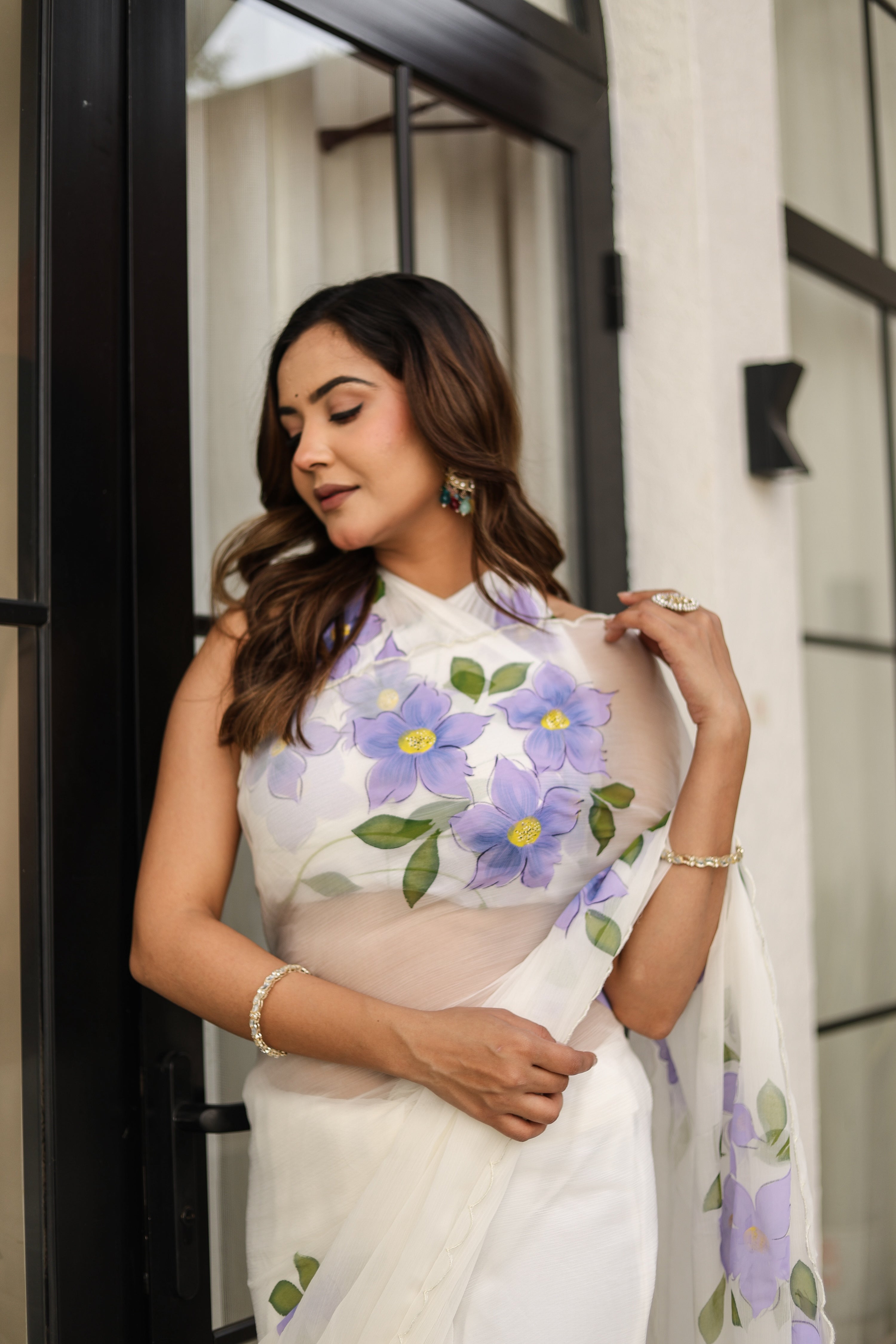 Ivory Lilac Grace (Handpainted pure viscose chiffon saree with scalloped border)