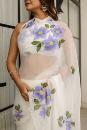 Ivory Lilac Grace (Handpainted pure viscose chiffon saree with scalloped border)