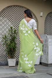 Jade Breeze (Handpainted Mukaish Viscose Organza Green Saree)