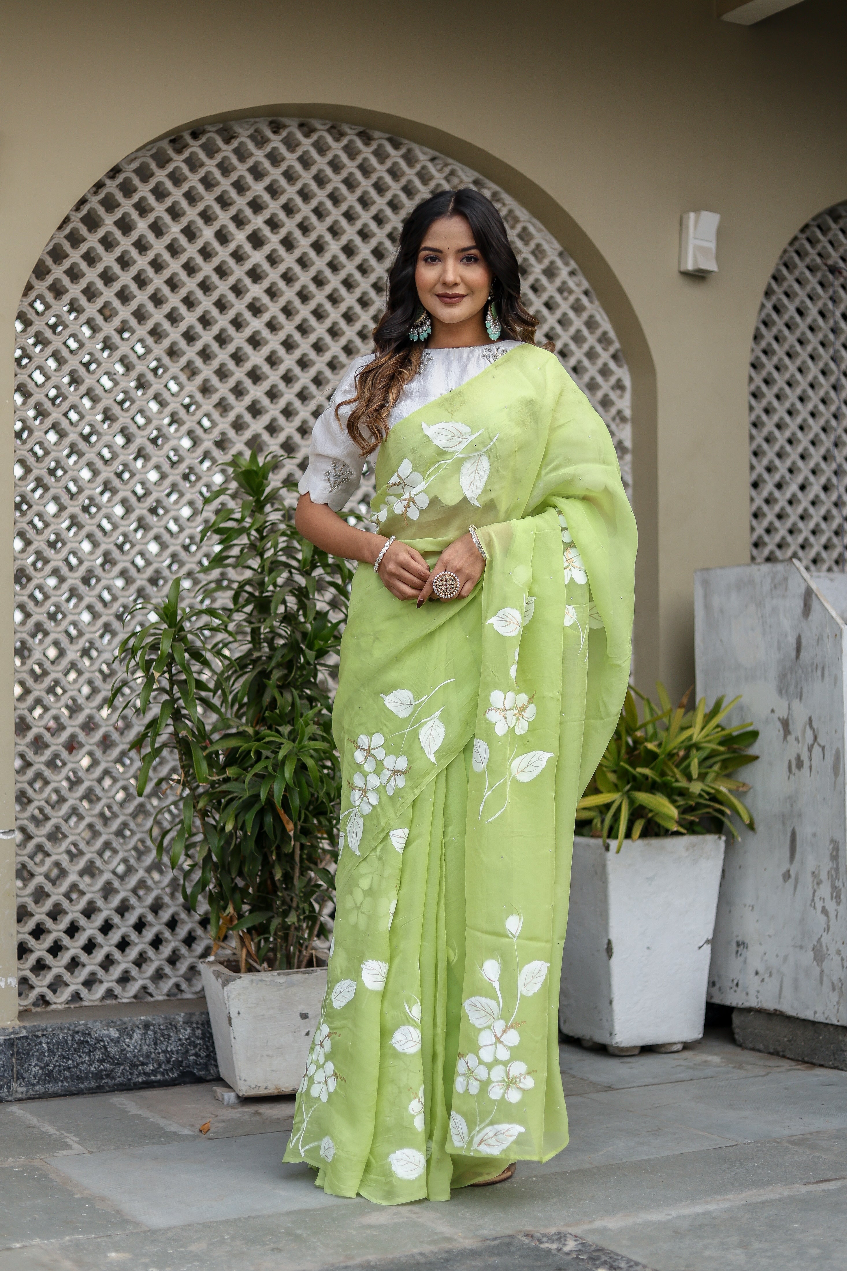 Jade Breeze (Handpainted Mukaish Viscose Organza Green Saree)