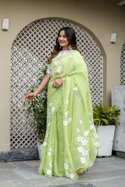 Jade Breeze (Handpainted Mukaish Viscose Organza Green Saree)