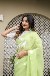 Jade Breeze (Handpainted Mukaish Viscose Organza Green Saree)