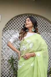 Jade Breeze (Handpainted Mukaish Viscose Organza Green Saree)