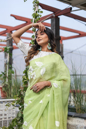 Jade Breeze (Handpainted Mukaish Viscose Organza Green Saree)