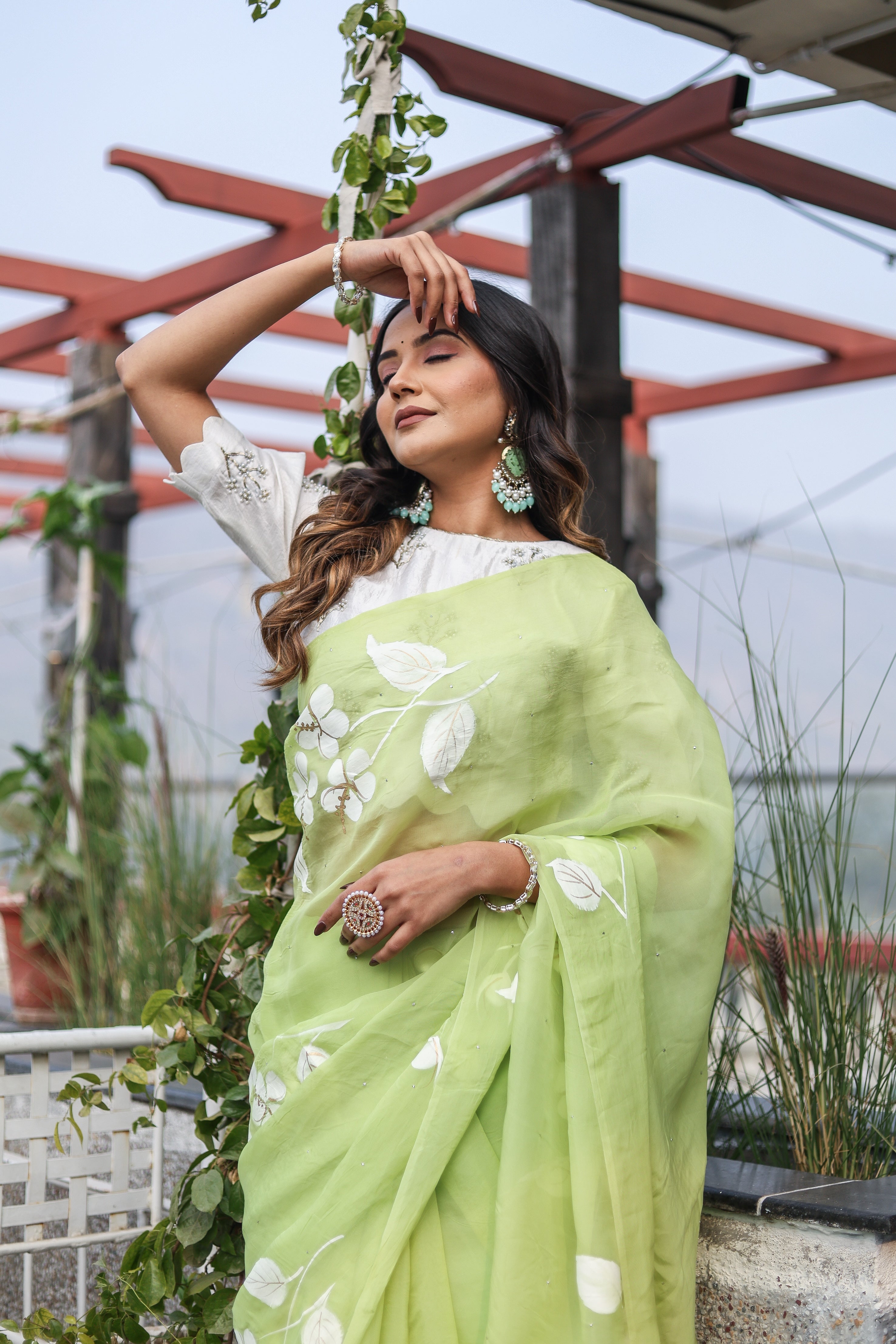 Jade Breeze (Handpainted Mukaish Viscose Organza Green Saree)