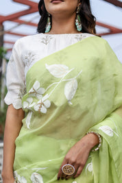 Jade Breeze (Handpainted Mukaish Viscose Organza Green Saree)