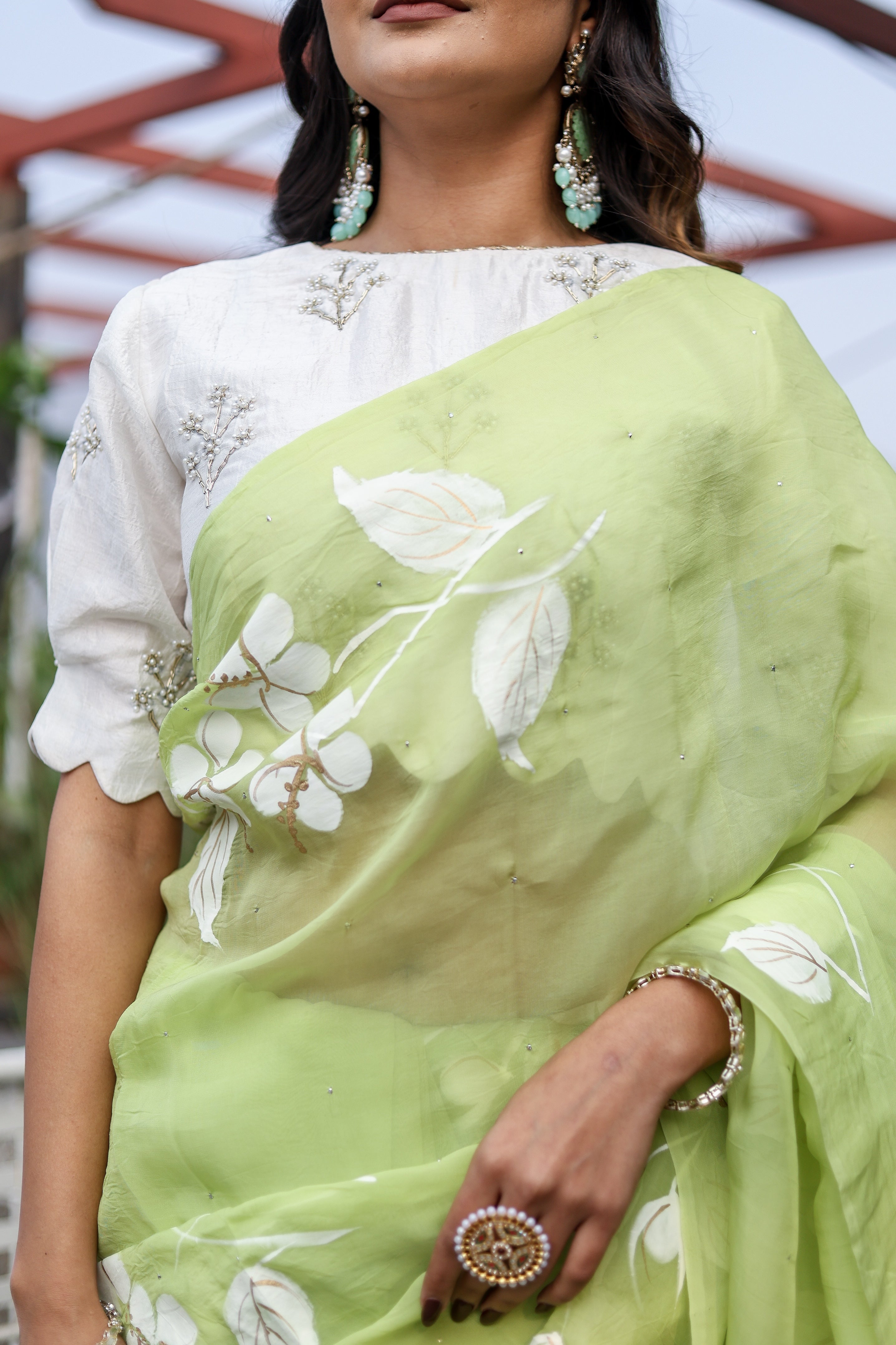 Jade Breeze (Handpainted Mukaish Viscose Organza Green Saree)