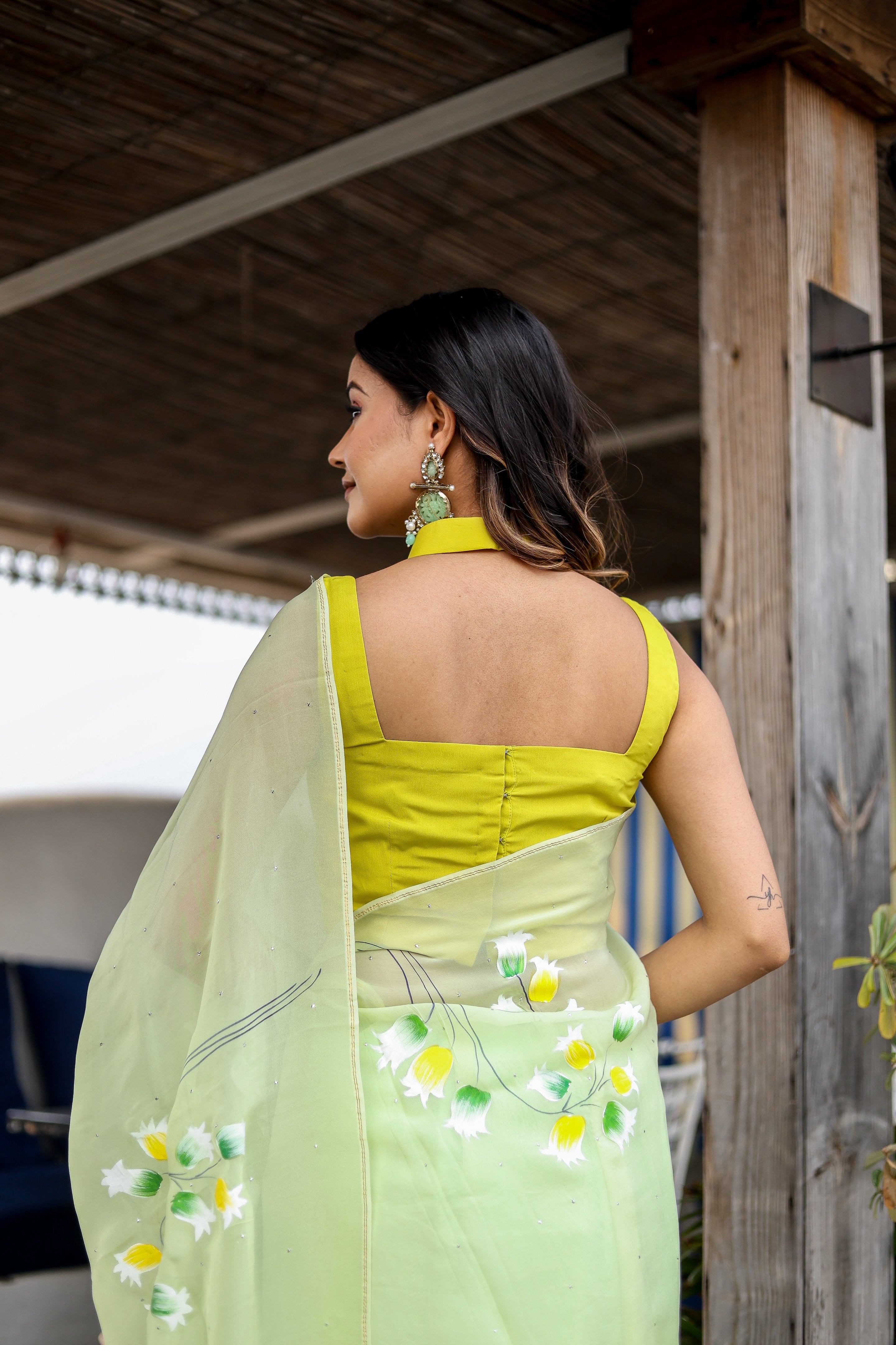 Fern Glow (Handpainted Mukaish Viscose Organza Saree)