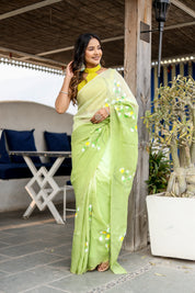 Fern Glow (Handpainted Mukaish Viscose Organza Saree)