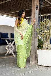 Fern Glow (Handpainted Mukaish Viscose Organza Saree)