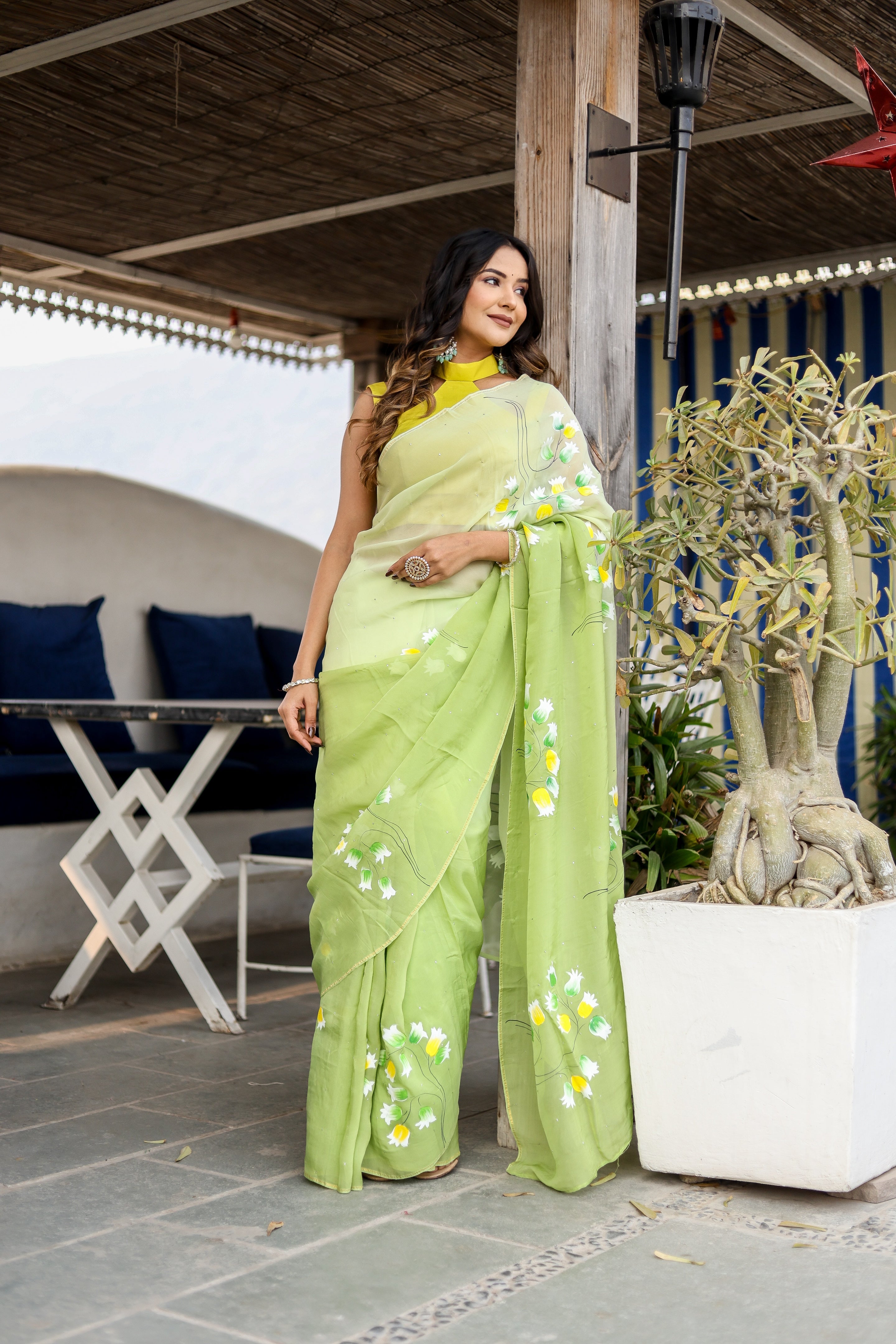 Fern Glow (Handpainted Mukaish Viscose Organza Saree)