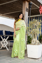 Fern Glow (Handpainted Mukaish Viscose Organza Saree)