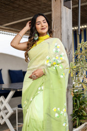 Fern Glow (Handpainted Mukaish Viscose Organza Saree)