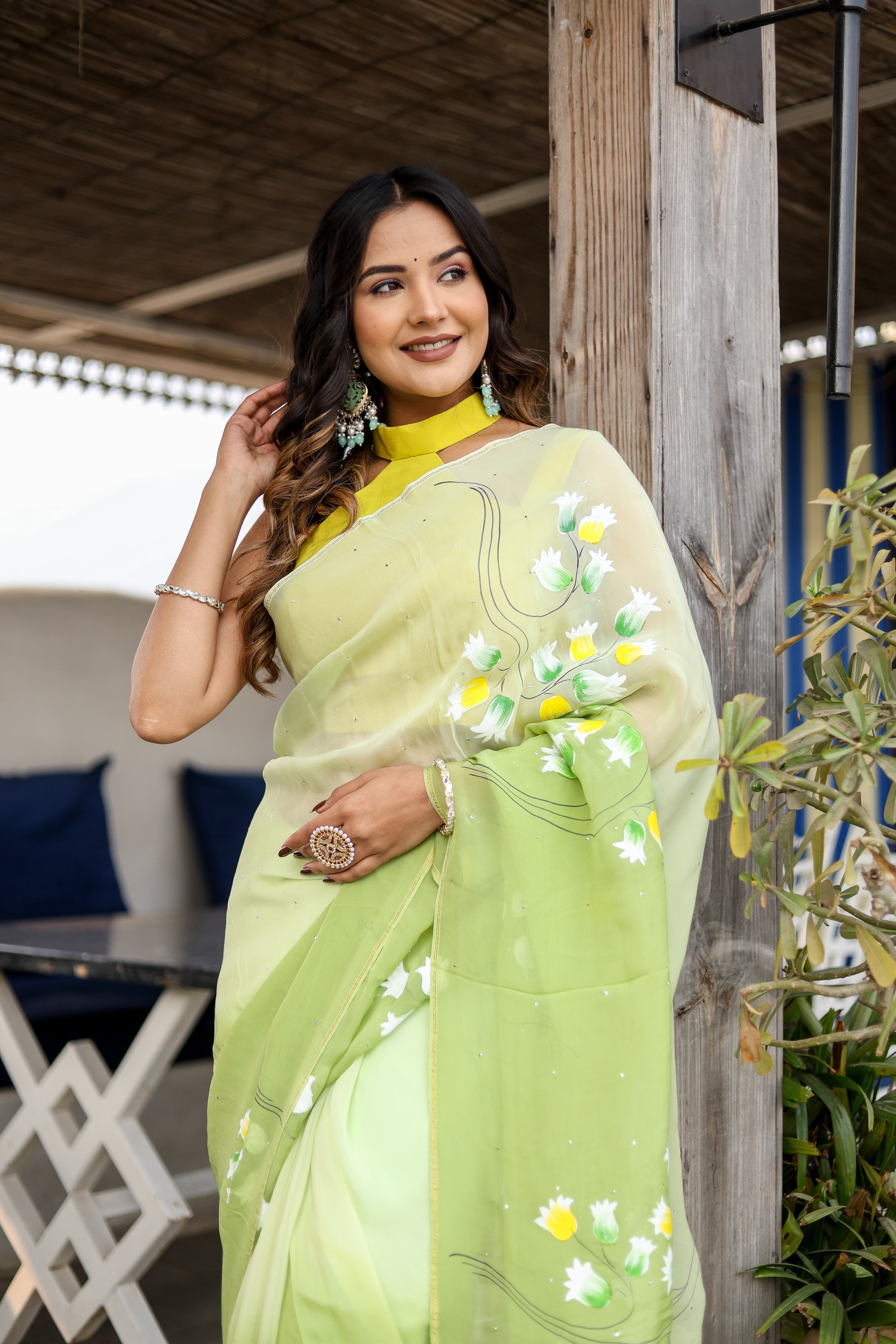 Fern Glow (Handpainted Mukaish Viscose Organza Saree)