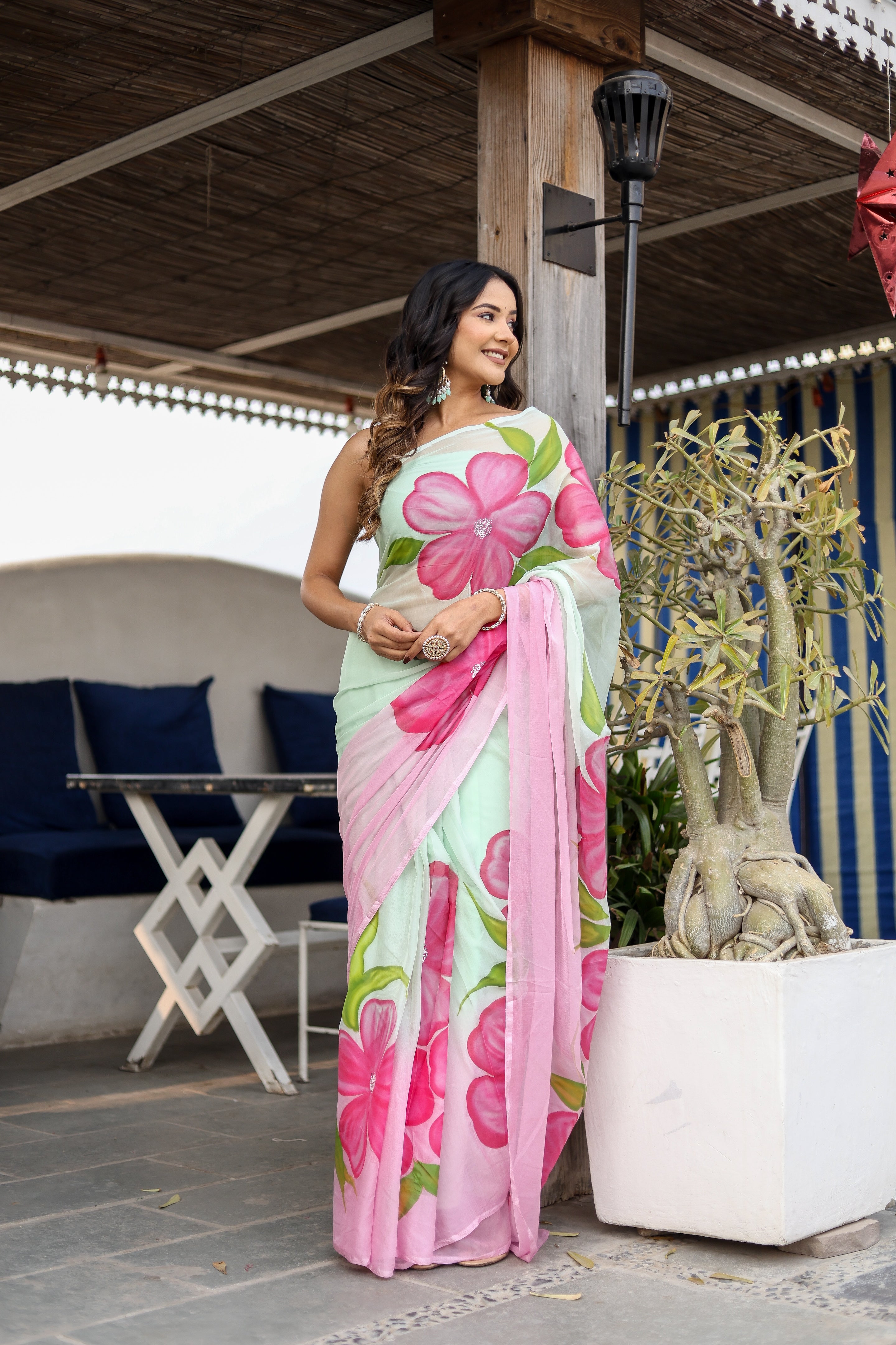 Serene Blush (Handpainted Chiffon Saree)