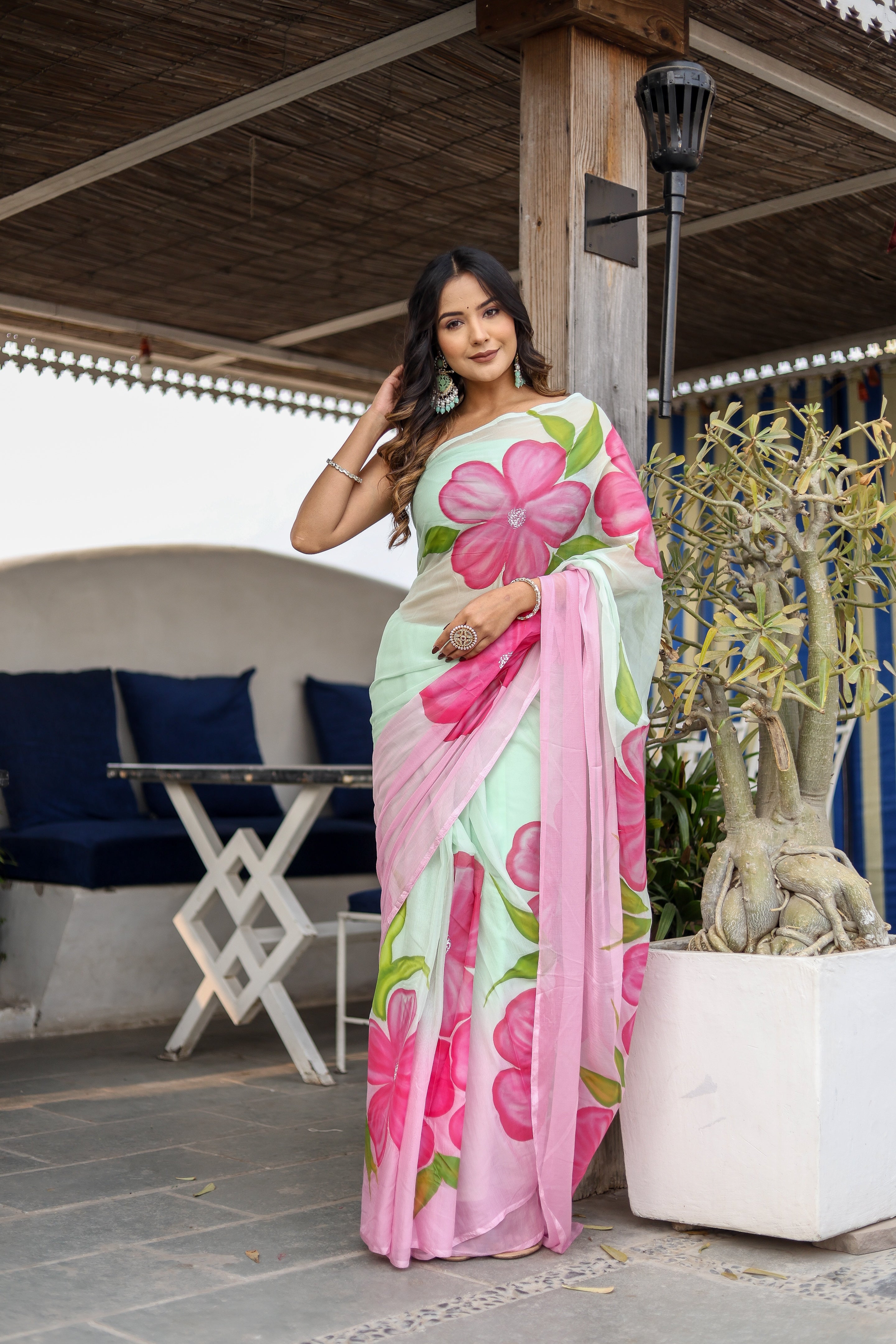 Serene Blush (Handpainted Chiffon Saree)