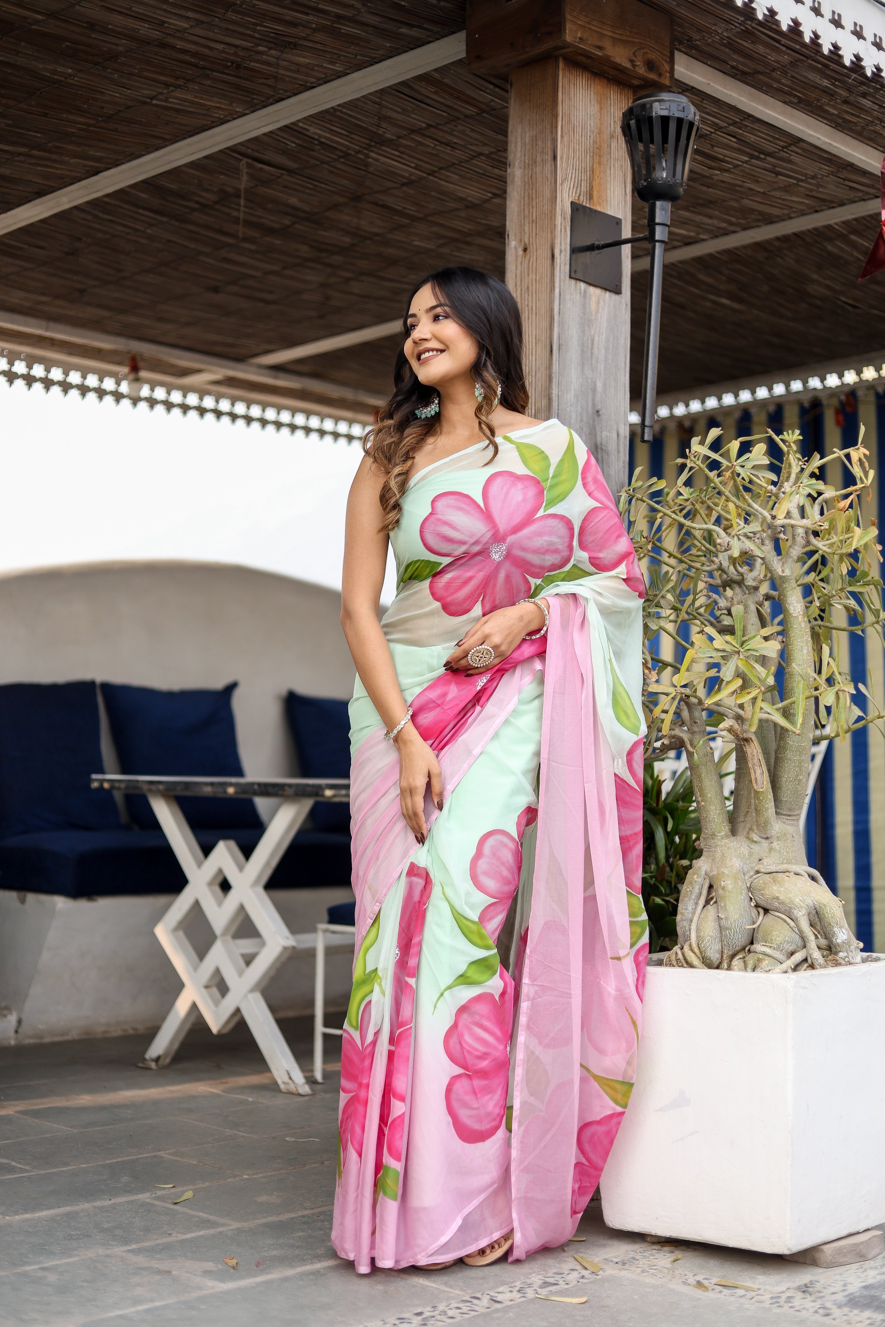 Serene Blush (Handpainted Chiffon Saree)