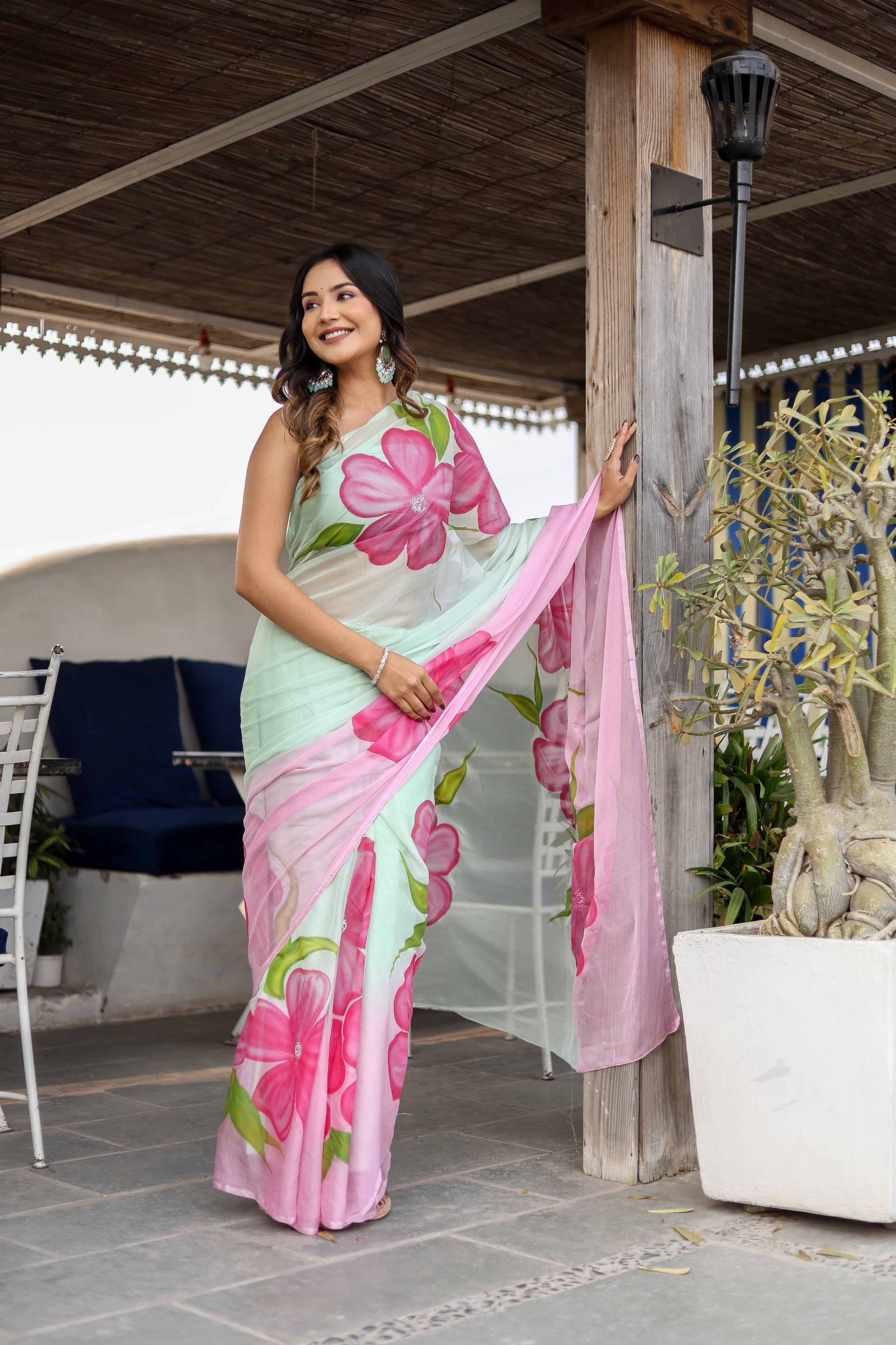 Serene Blush (Handpainted Chiffon Saree)