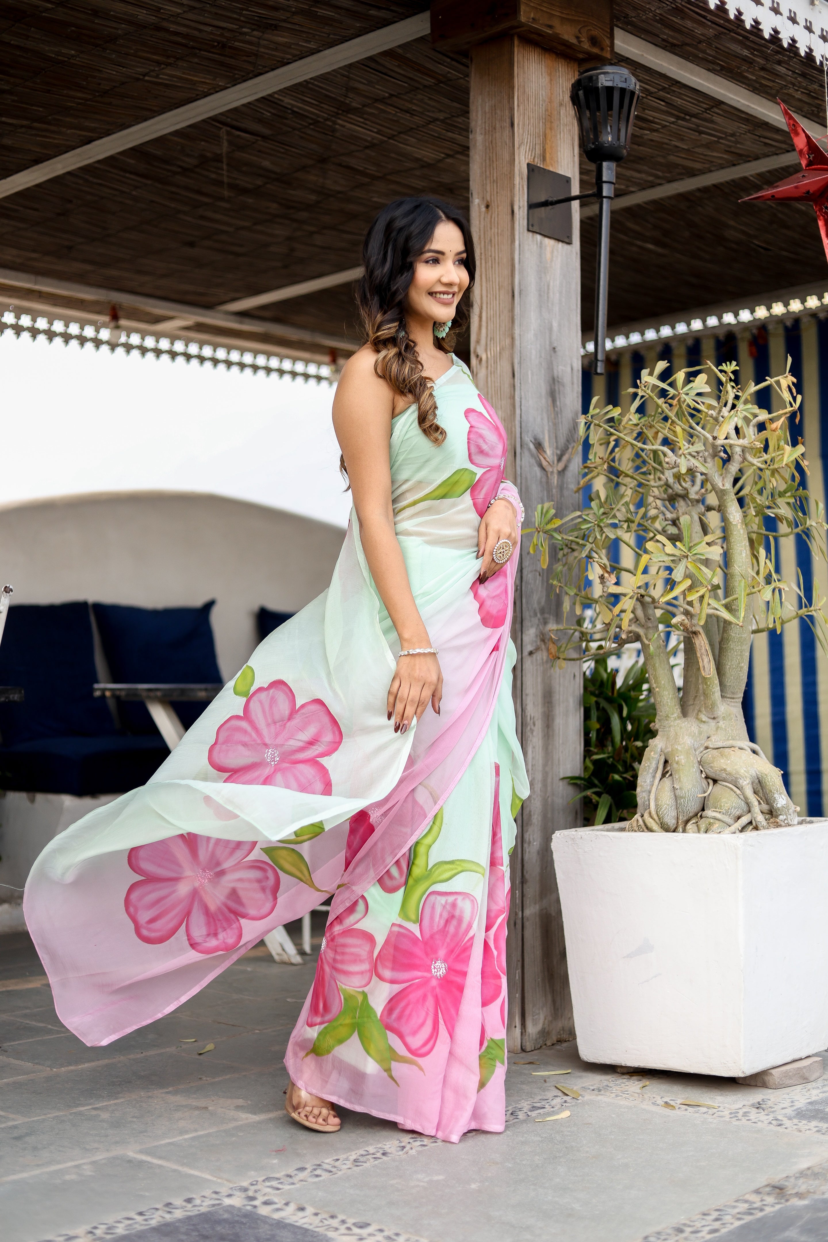 Serene Blush (Handpainted Chiffon Saree)