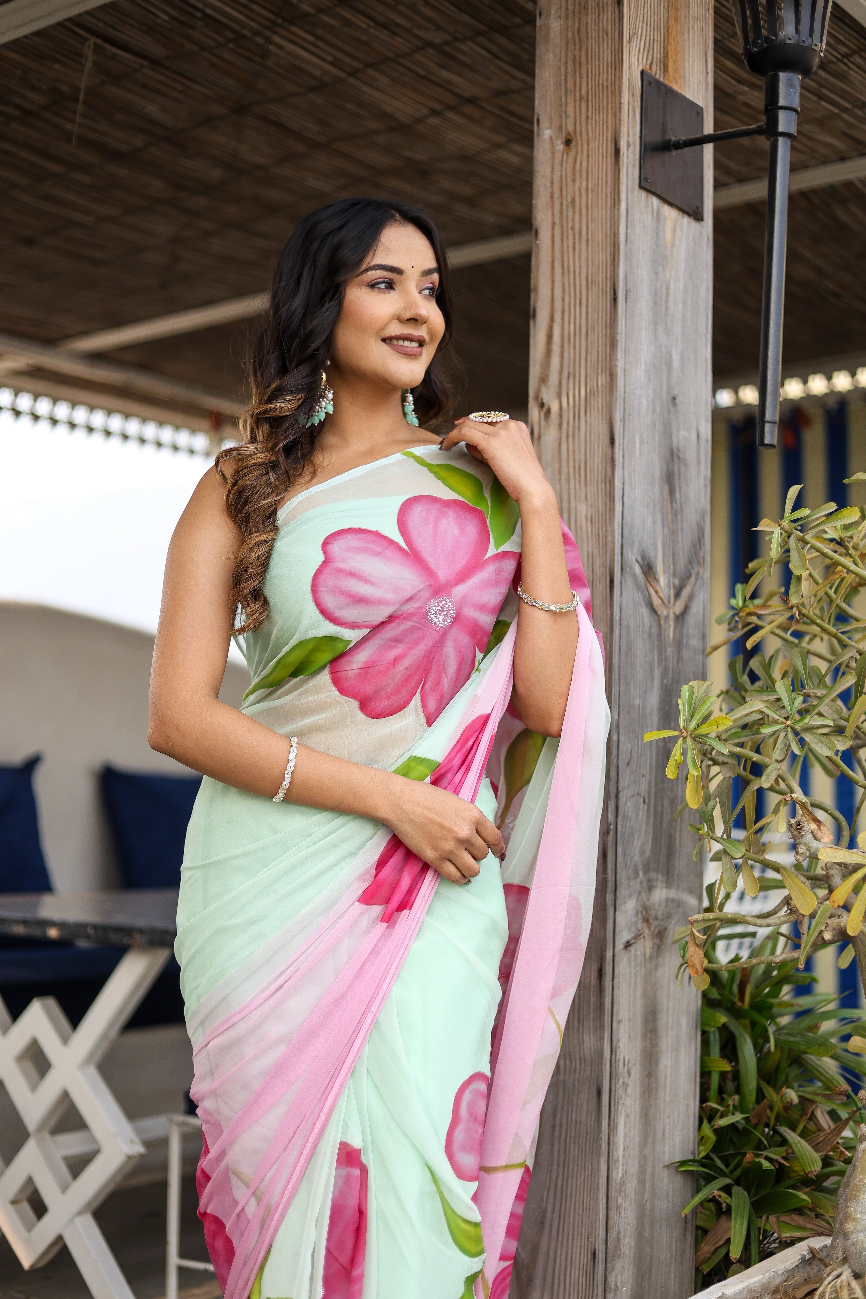 Serene Blush (Handpainted Chiffon Saree)