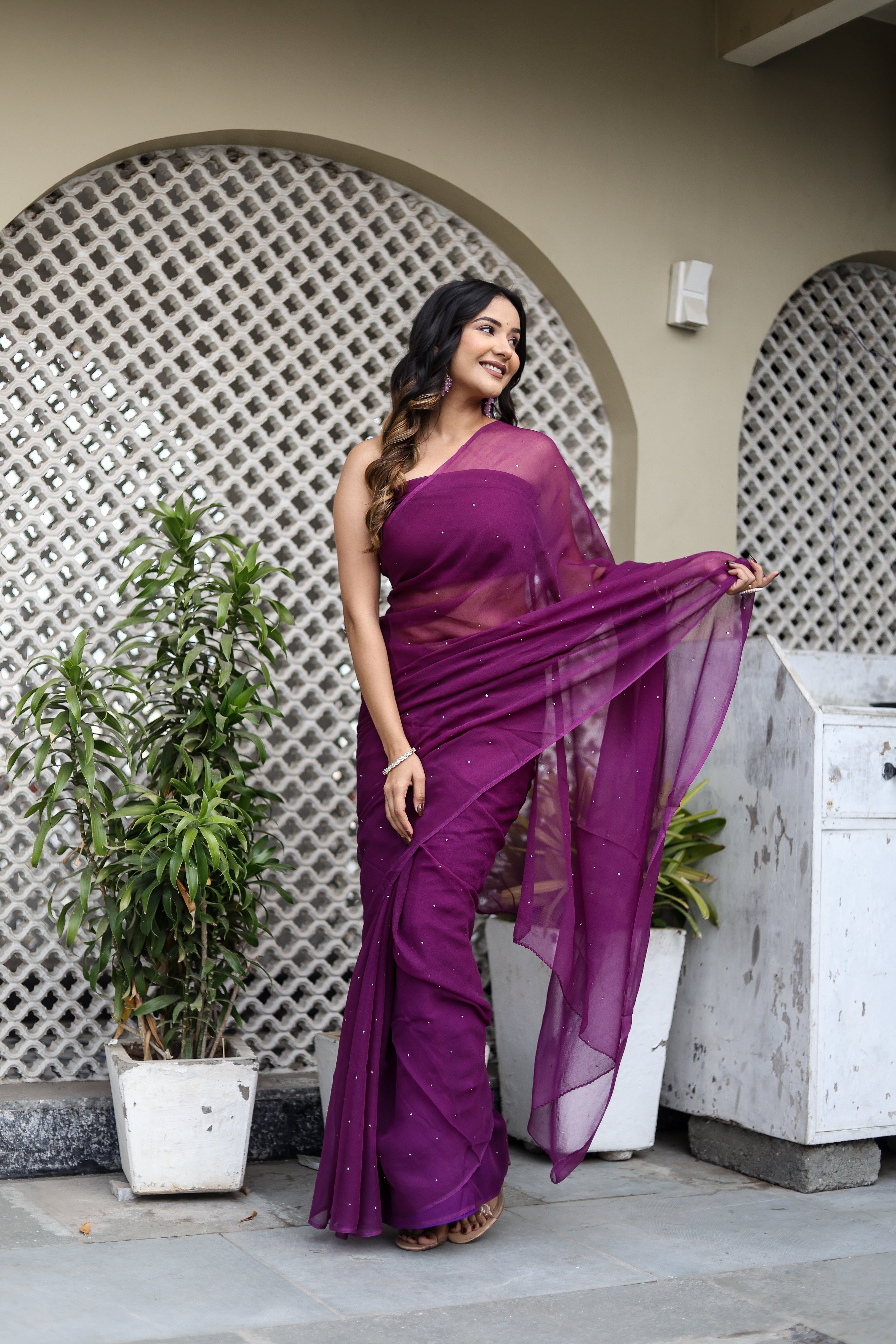 Plum Haze (Mukaish Chiffon Purple Saree)