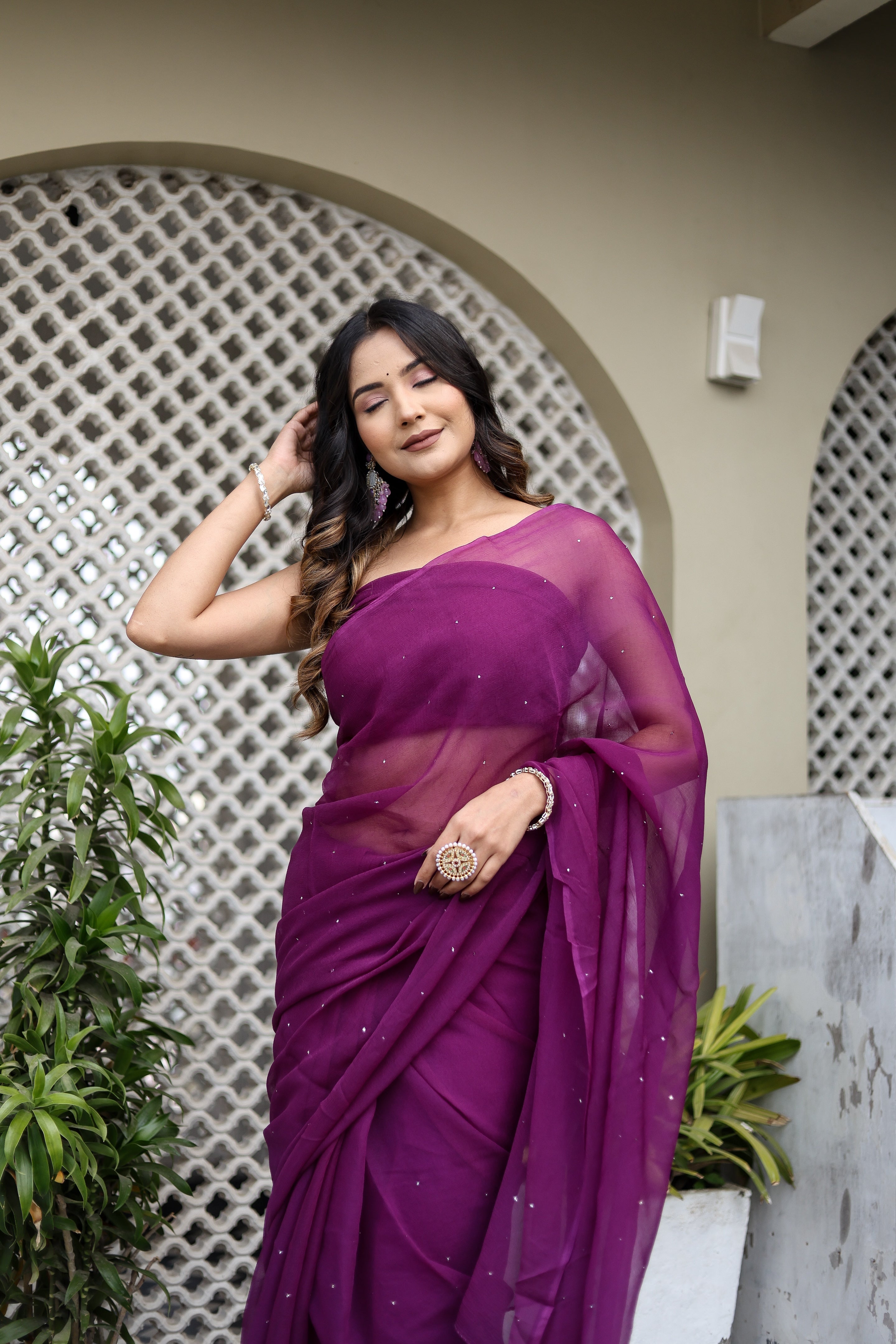 Plum Haze (Mukaish Chiffon Purple Saree)