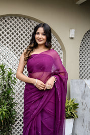 Plum Haze (Mukaish Chiffon Purple Saree)