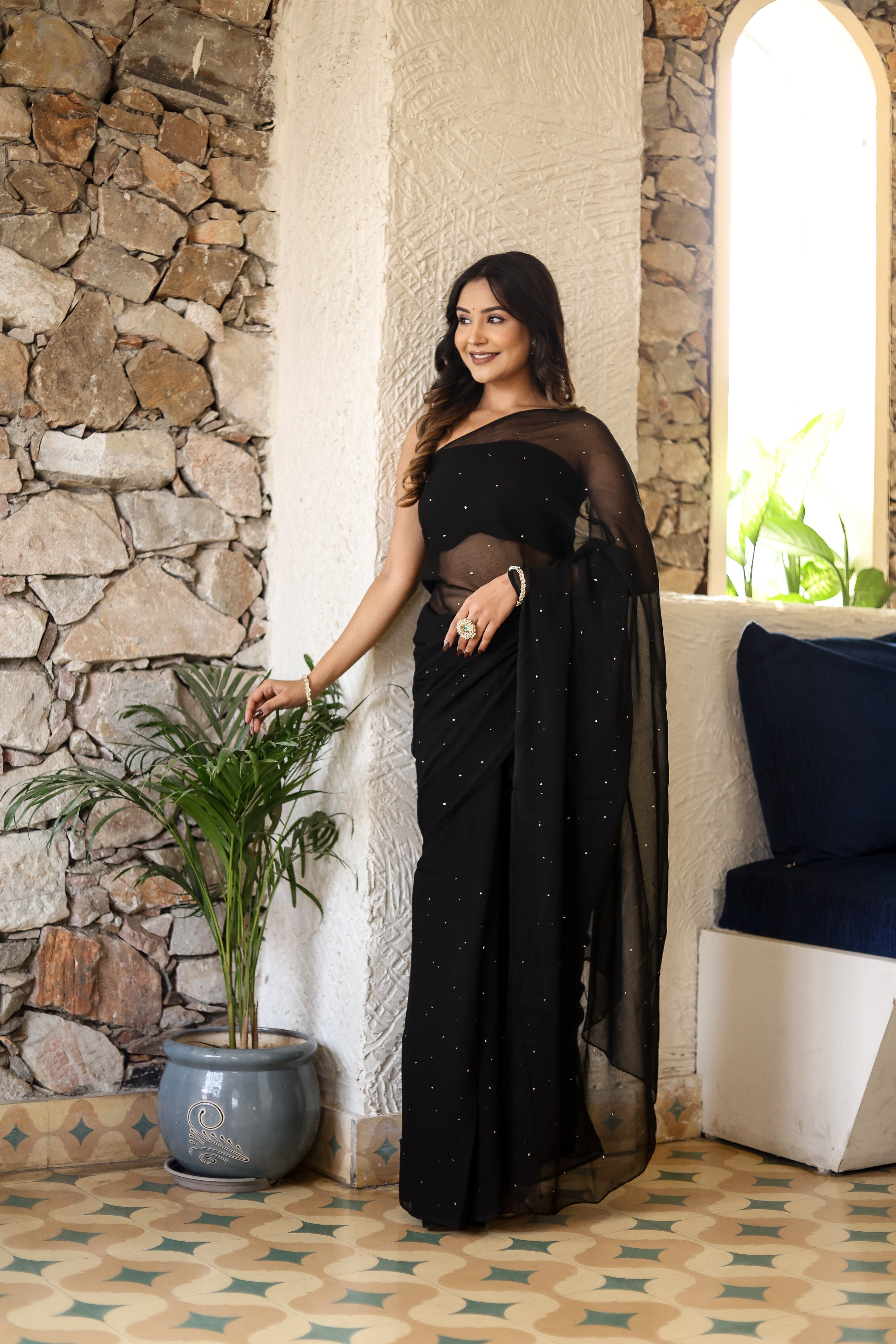 Black Mukaish Chiffon Saree