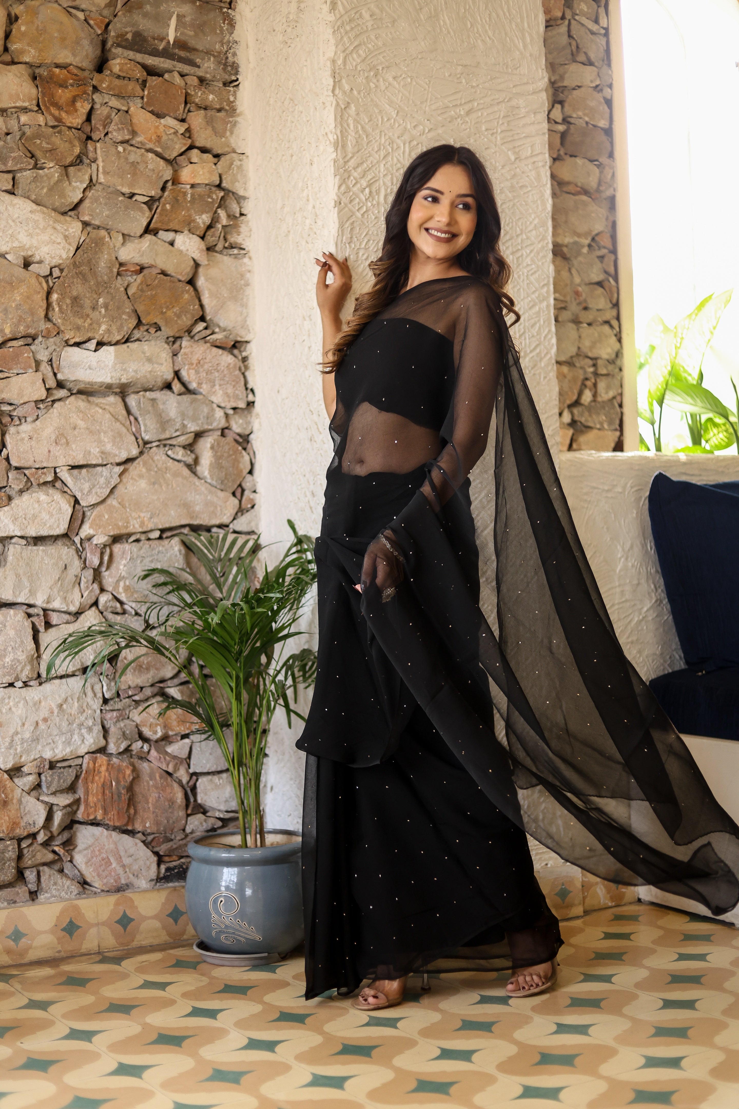 Black Mukaish Chiffon Saree