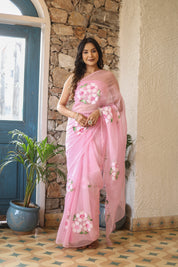 Petal Haze (Pink Chiffon Handpainted Saree)