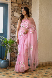 Petal Haze (Pink Chiffon Handpainted Saree)