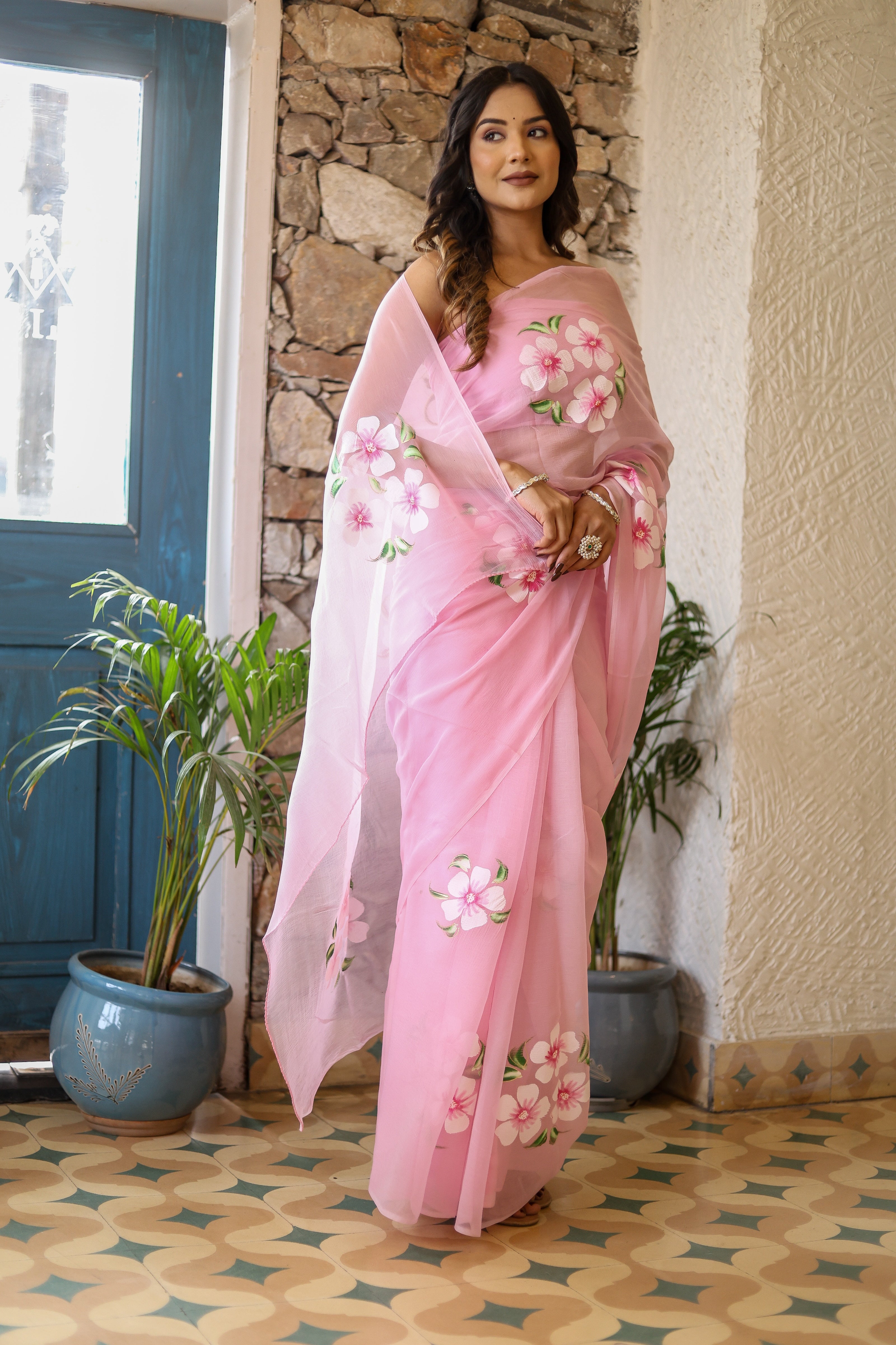 Petal Haze (Pink Chiffon Handpainted Saree)