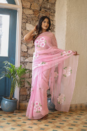 Petal Haze (Pink Chiffon Handpainted Saree)