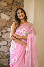 Petal Haze (Pink Chiffon Handpainted Saree)