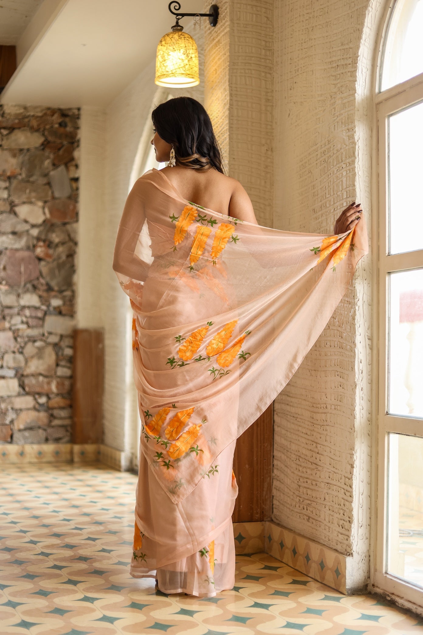 Peach Blush (Handpainted Chiffon Saree)