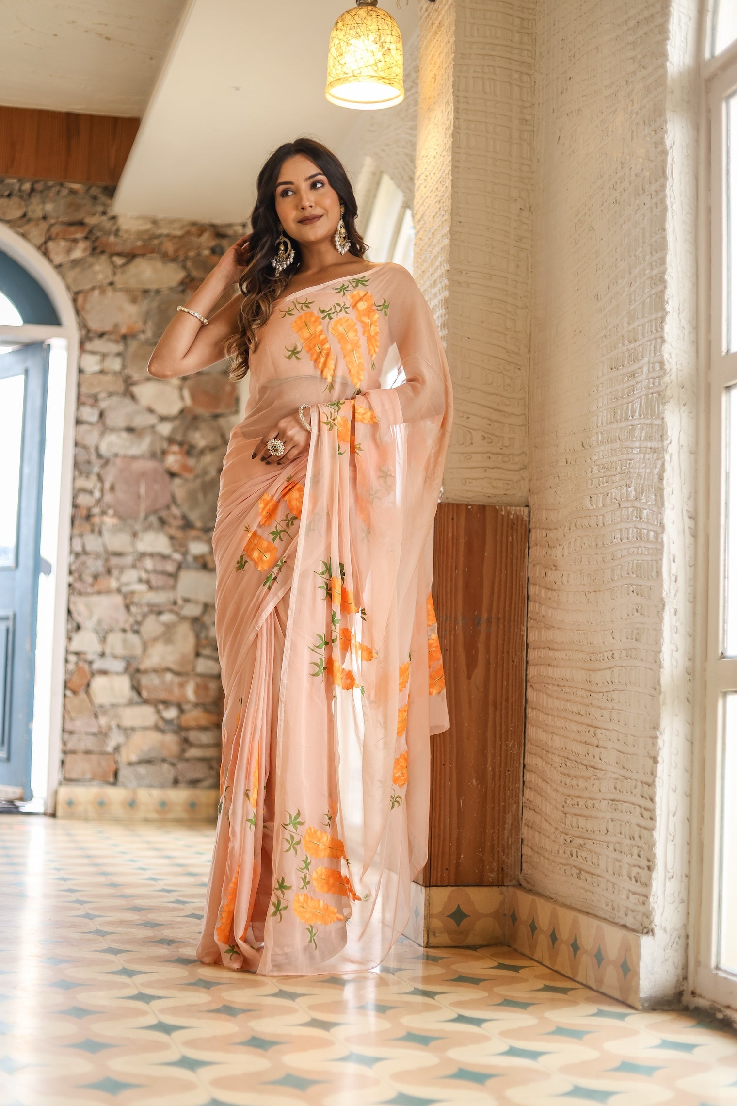 Peach Blush (Handpainted Chiffon Saree)