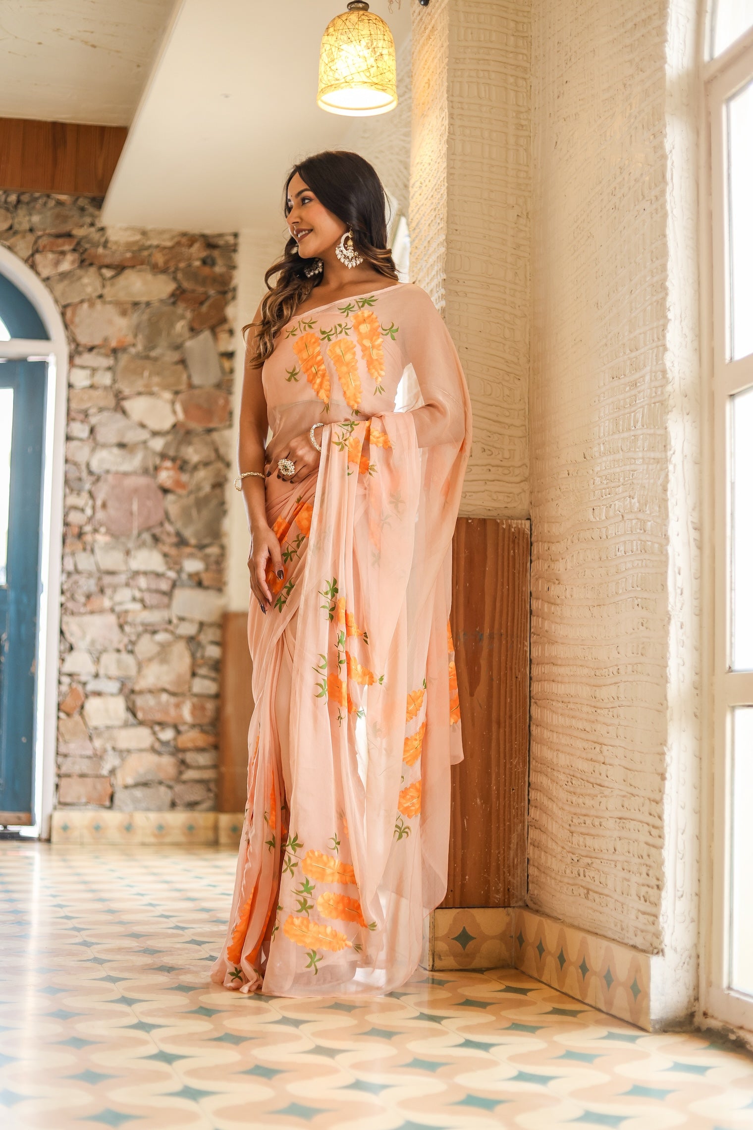 Peach Blush (Handpainted Chiffon Saree)