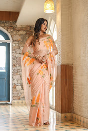 Peach Blush (Handpainted Chiffon Saree)