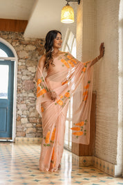 Peach Blush (Handpainted Chiffon Saree)