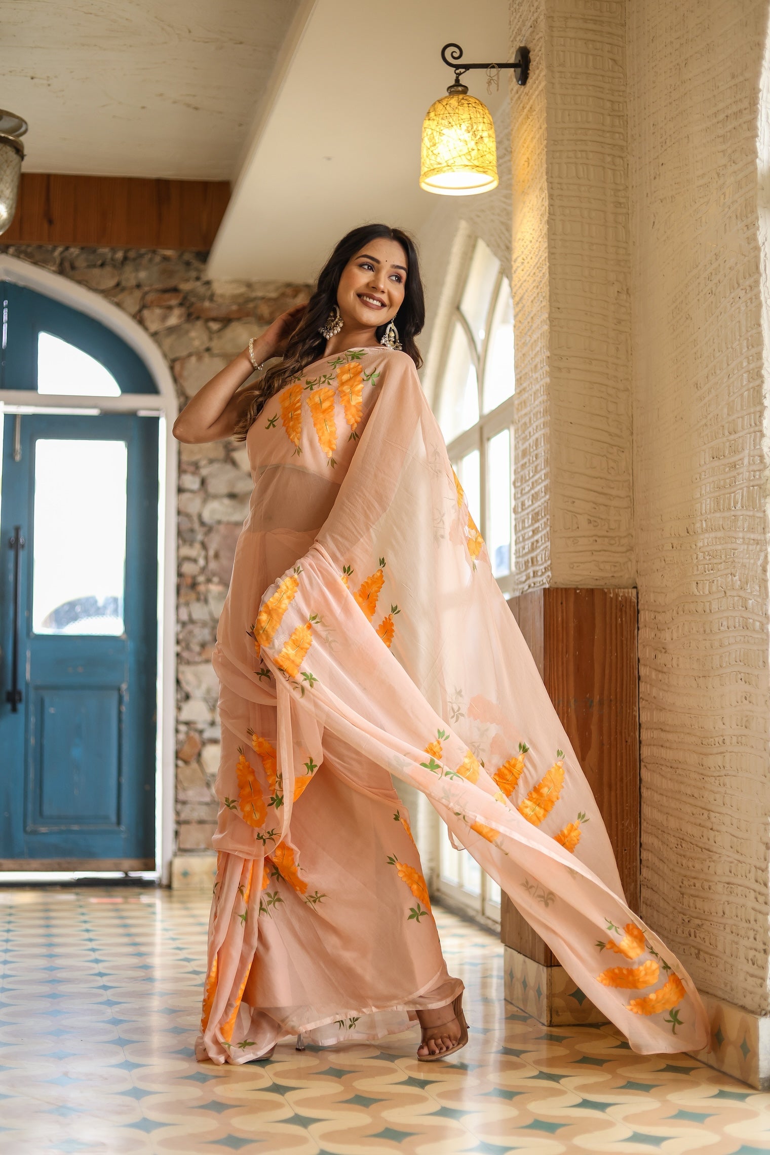 Peach Blush (Handpainted Chiffon Saree)