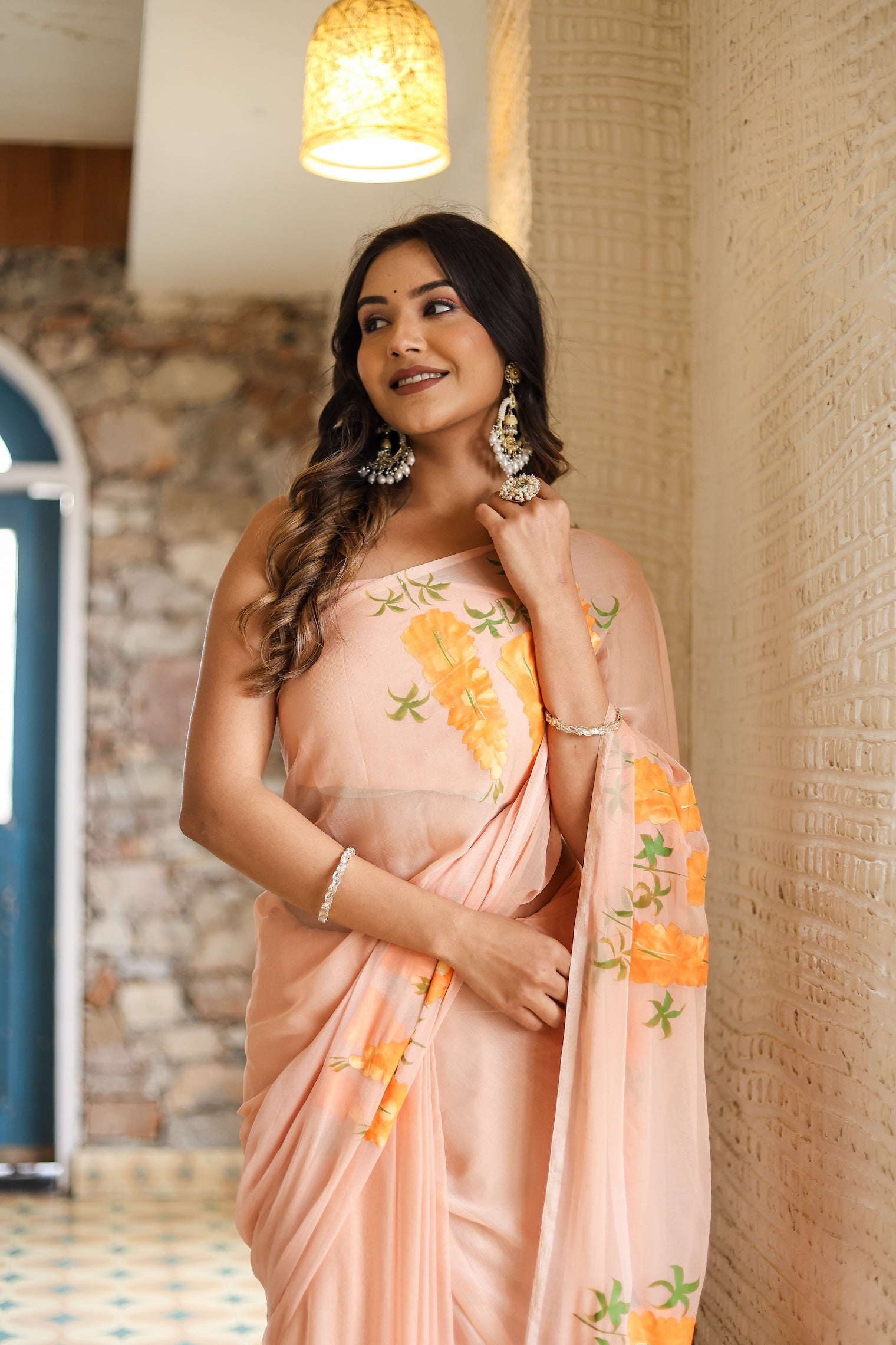 Peach Blush (Handpainted Chiffon Saree)