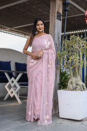 Shimmering Mist (Hand Embroidered Chiffon Jaal Saree)