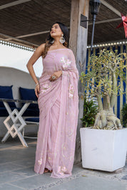 Shimmering Mist (Hand Embroidered Chiffon Jaal Saree)