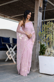 Shimmering Mist (Hand Embroidered Chiffon Jaal Saree)