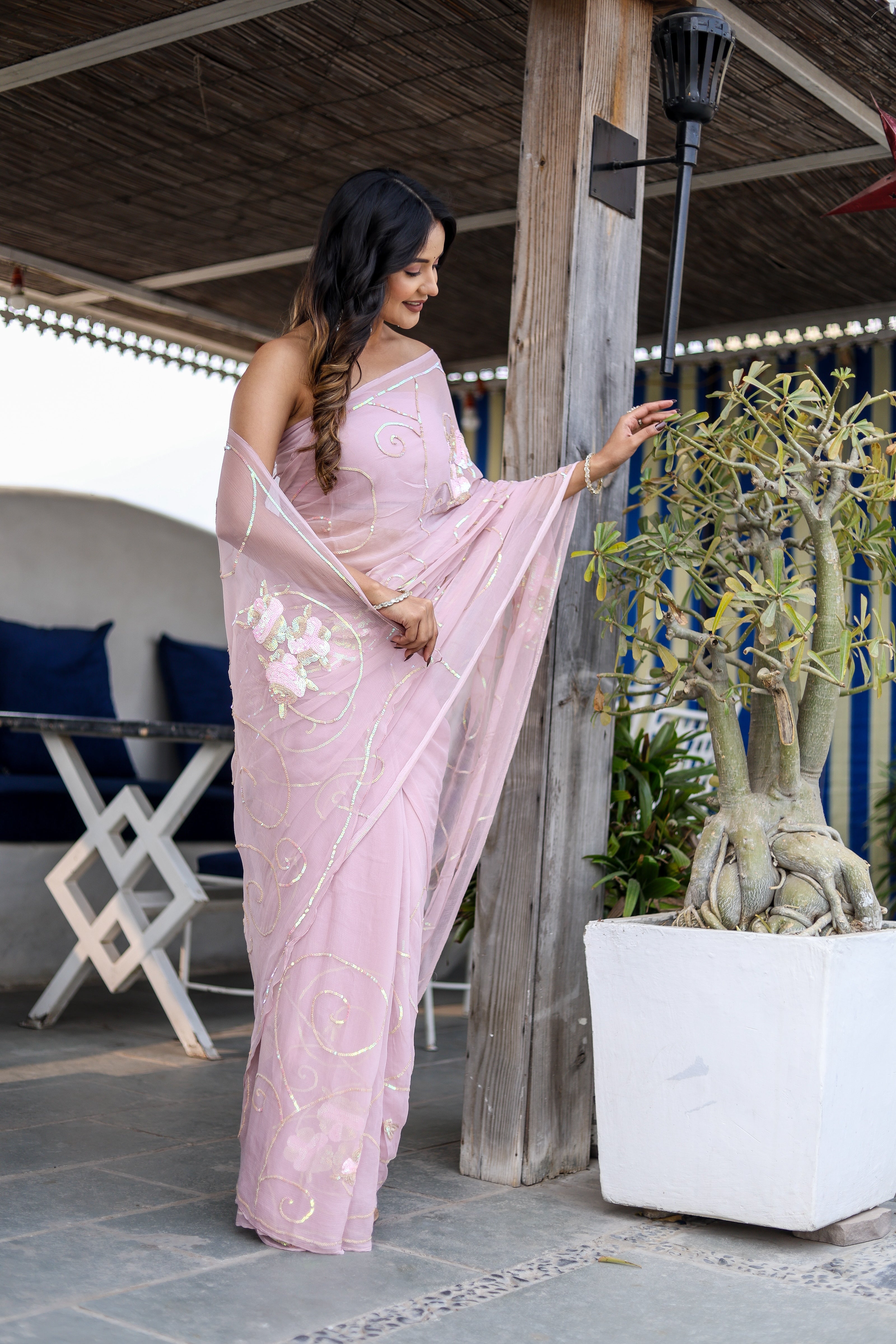 Shimmering Mist (Hand Embroidered Chiffon Jaal Saree)