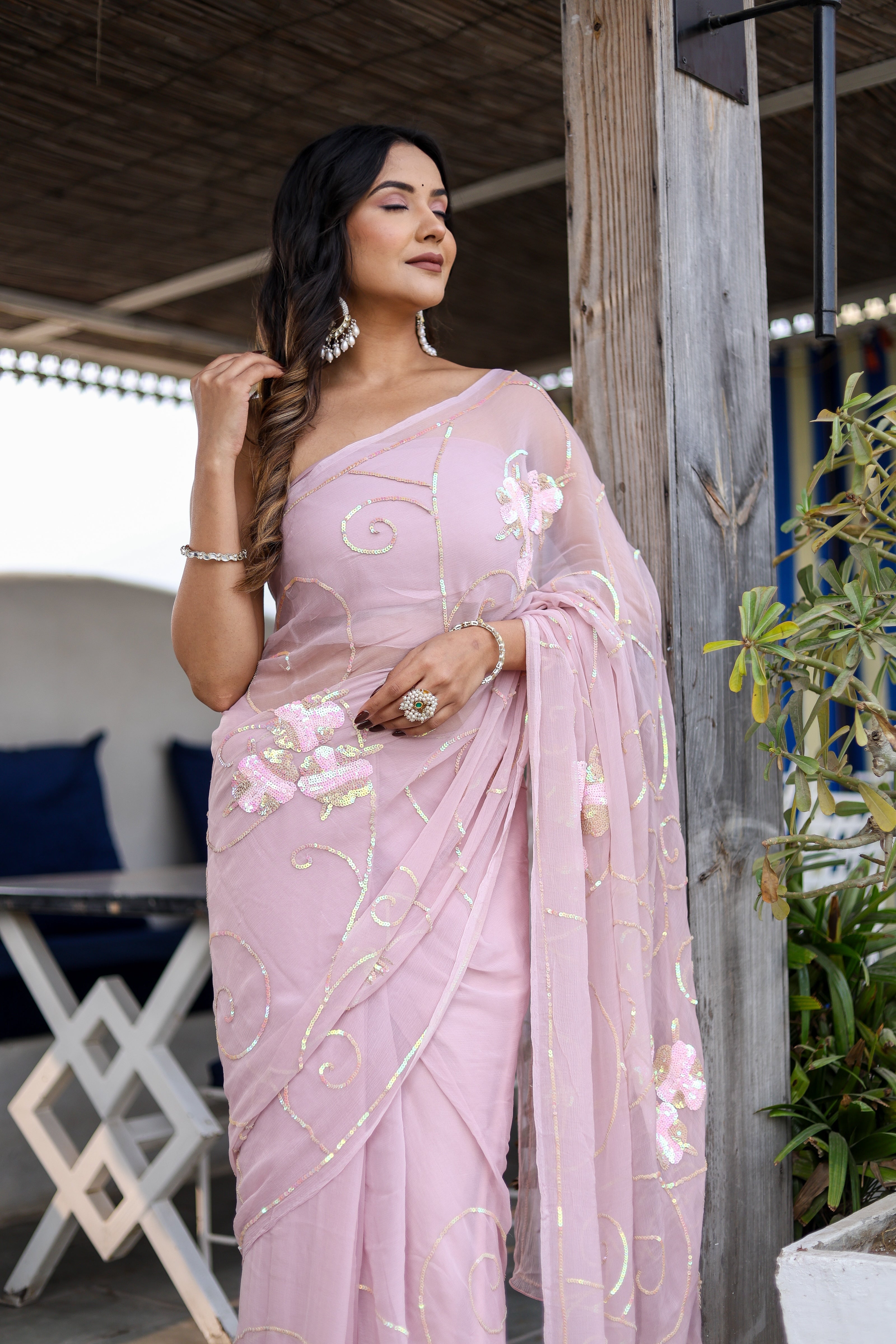 Shimmering Mist (Hand Embroidered Chiffon Jaal Saree)