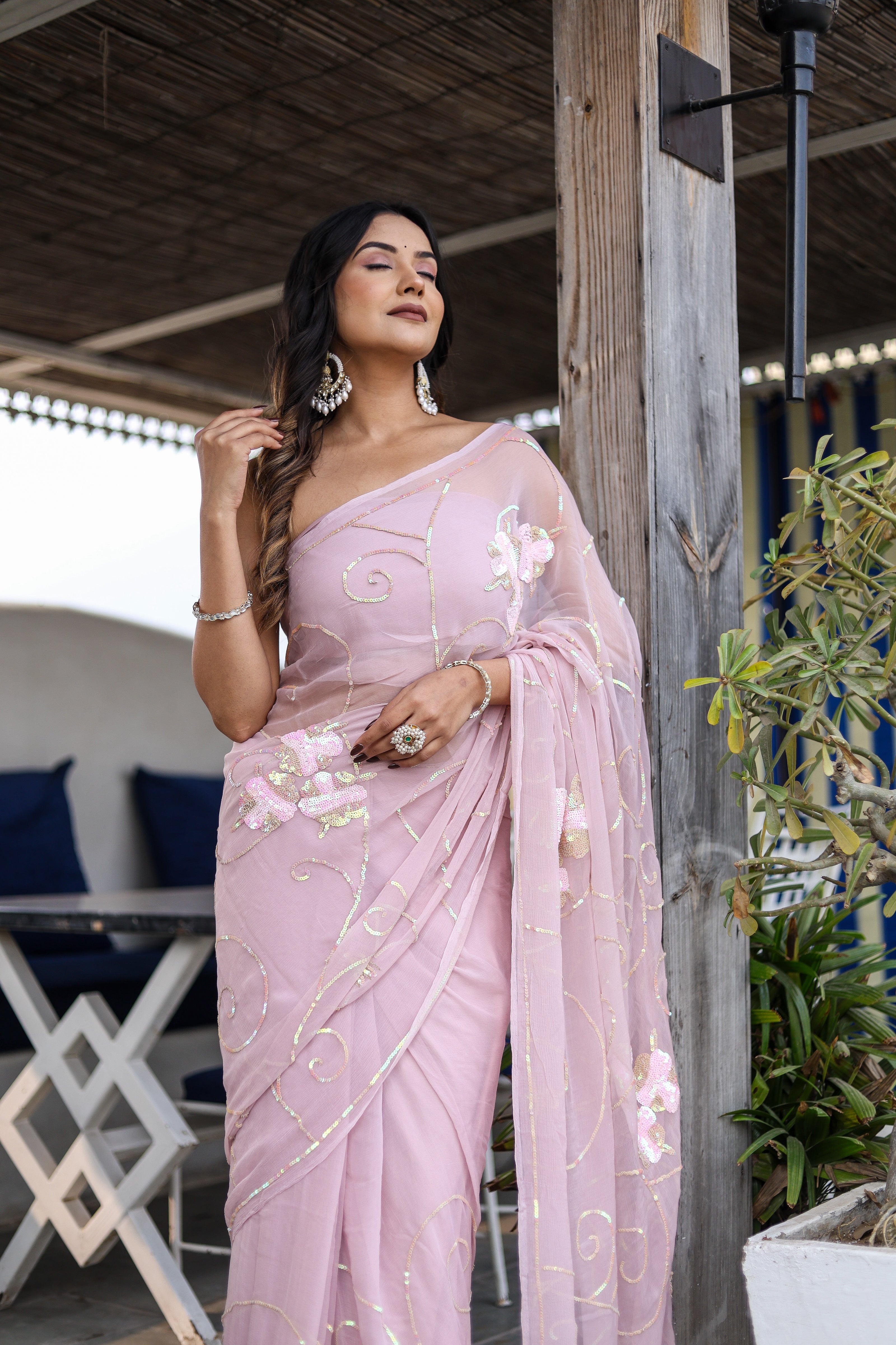 Shimmering Mist (Hand Embroidered Chiffon Jaal Saree)