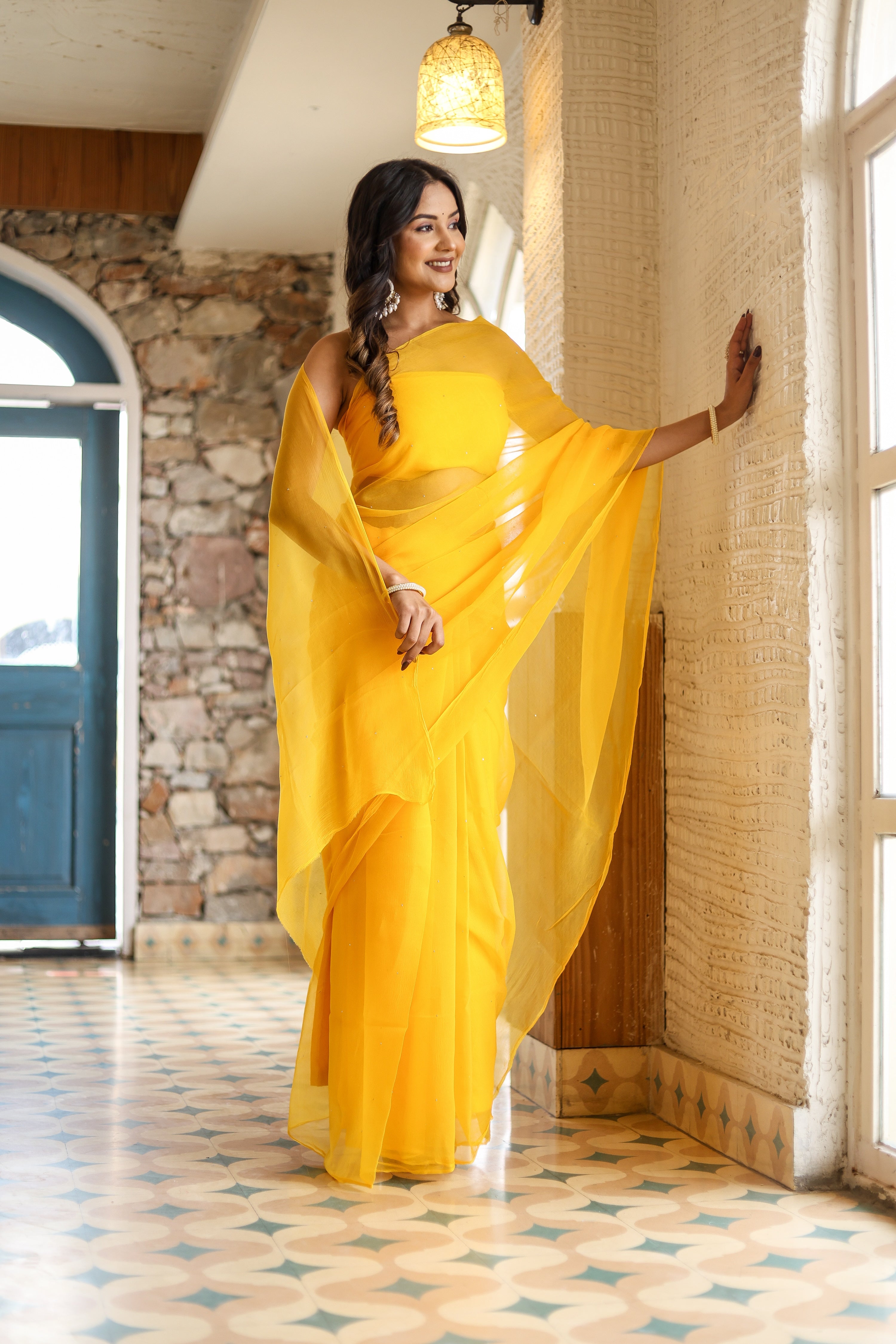 Whispering Shine (Yellow Mukaish Chiffon saree)