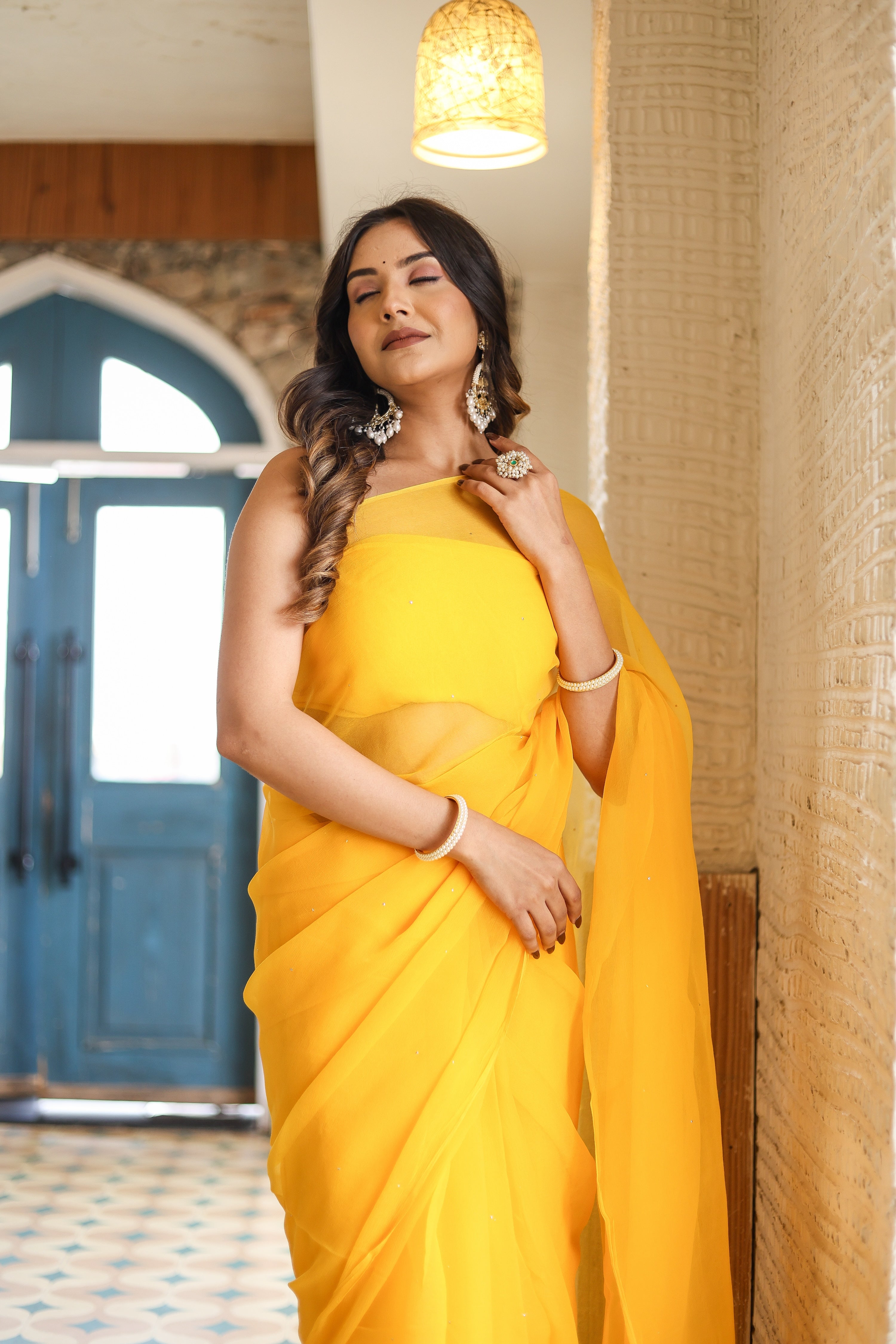 Whispering Shine (Yellow Mukaish Chiffon saree)