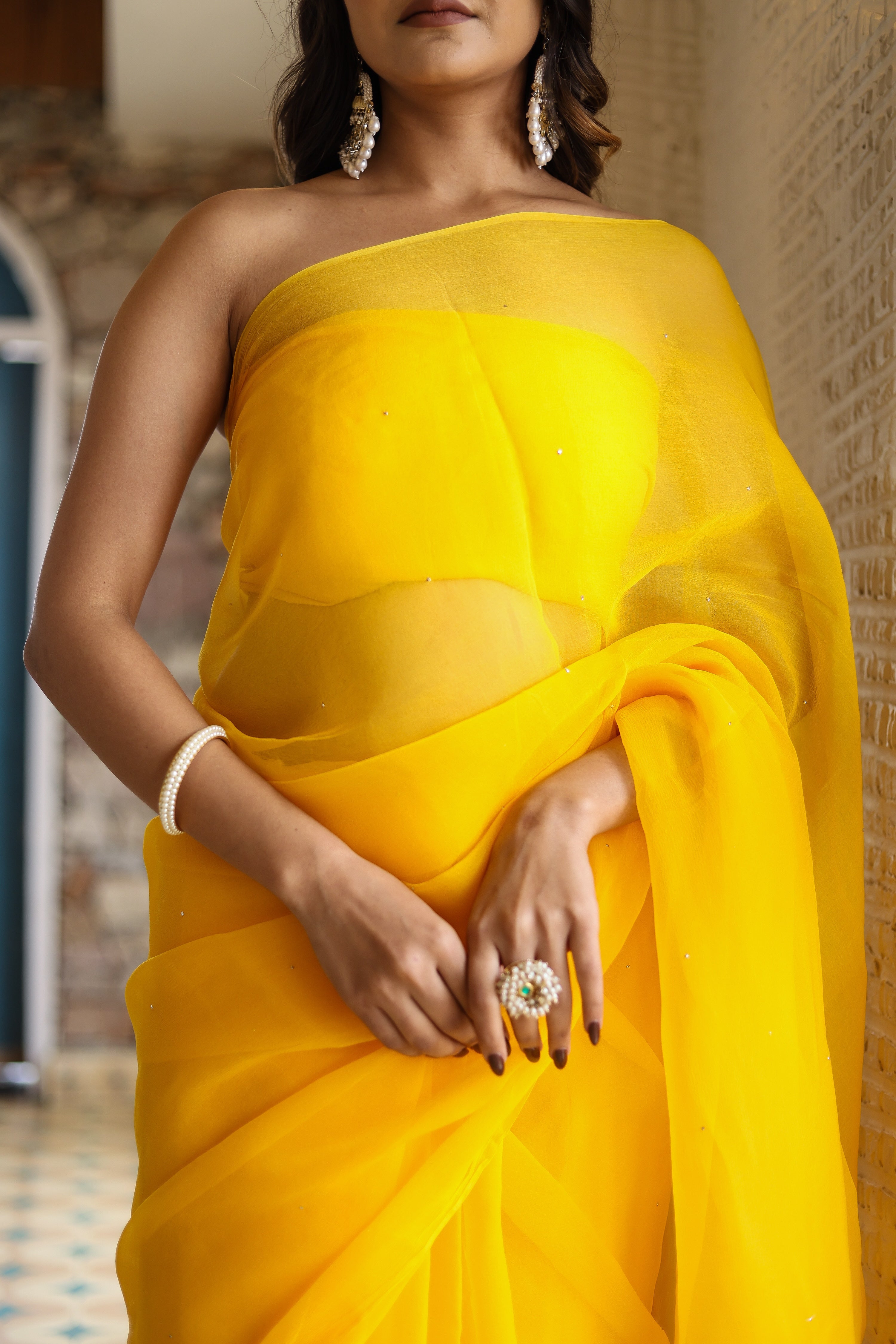 Whispering Shine (Yellow Mukaish Chiffon saree)